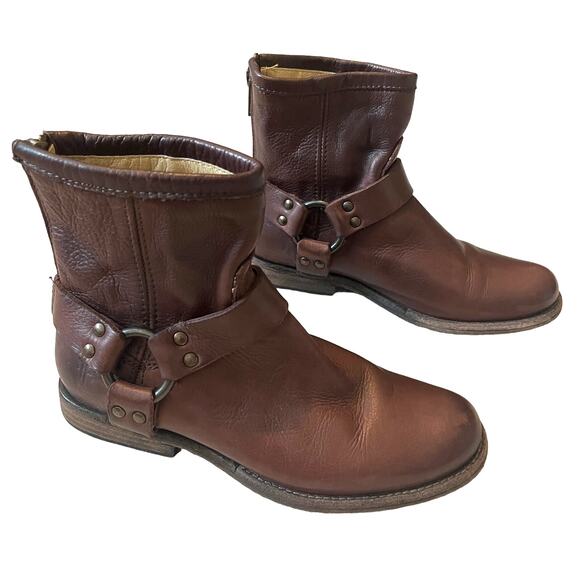 Frye Shoes - Frye Phillip Harness Short Cognac Brown Leather Moto Biker Boots Size 5.5